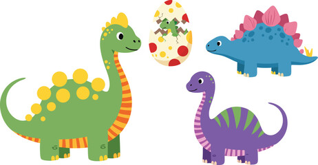 Cute Dinosaur Cartoon Illustration Set Featuring Colorful Jurassic Animals, Baby Dino Characters, Hatching Egg, and Kids Nursery Design Elements © EdGe Creative