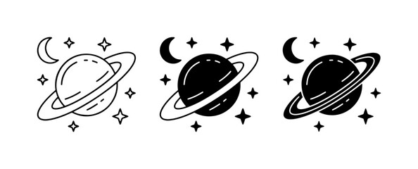 Cosmic Planet Icons, Saturn Galaxy Symbols, Celestial Moon and Star Graphics, Space Exploration Vector Set © Md