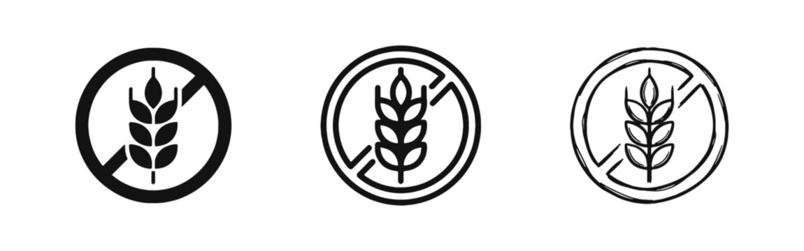 Gluten Free Icon Set with Wheat Ear and Cross Symbol. Healthy Food and Allergen Warning Sign.