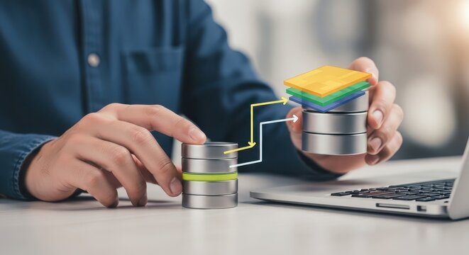 Developer organizing data layers in a stacked database system, showcasing information management and technology workflow.