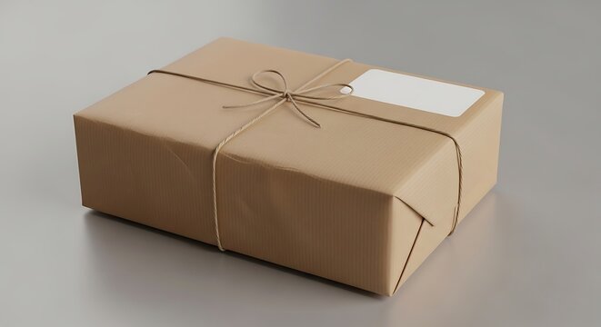 Wrapped Brown Package with String and Label on a Gray Surface.