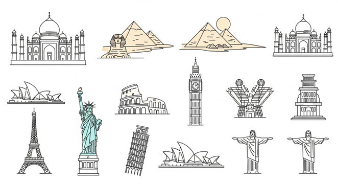 Famous landmarks of the world icons.