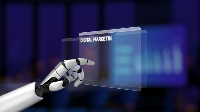 A futuristic robot hand interacts with digital marketing displays, showcasing data analysis and advertisements in a sleek, modern office space. Synapse