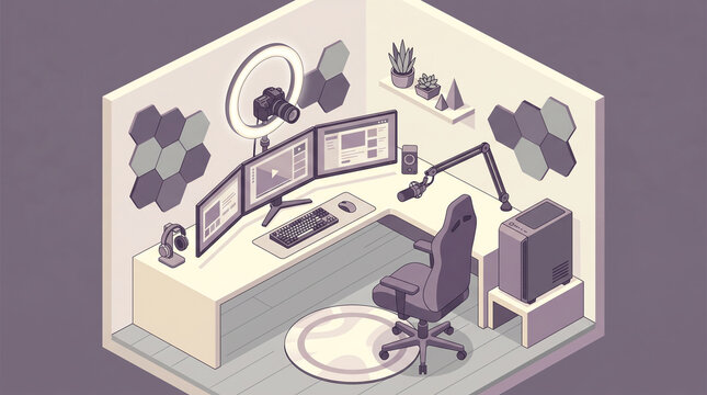 Isometric streaming studio for content creator with ring light