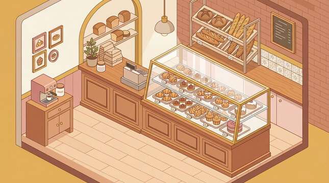 Isometric tiny bakery display case with pastries and counter