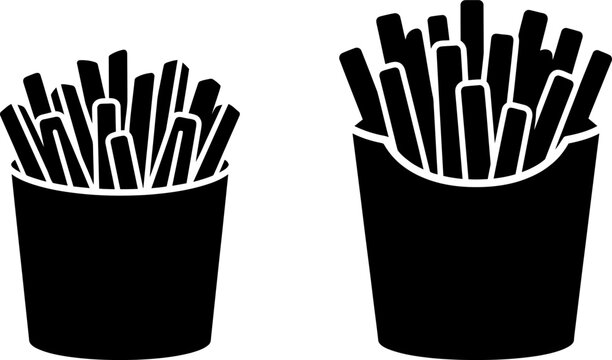 French fries in a carton and cup, isolated black and white vector illustration