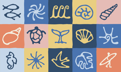 Naklejka premium Hand drawn nautical icons set with marine symbols like sea shells, whale tail, turtle, fish and waves in organic linocut style.