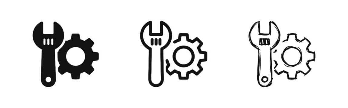 Wrench and Gear Repair Maintenance Settings Icons in Solid, Outline, and Hand-Drawn Doodle Styles