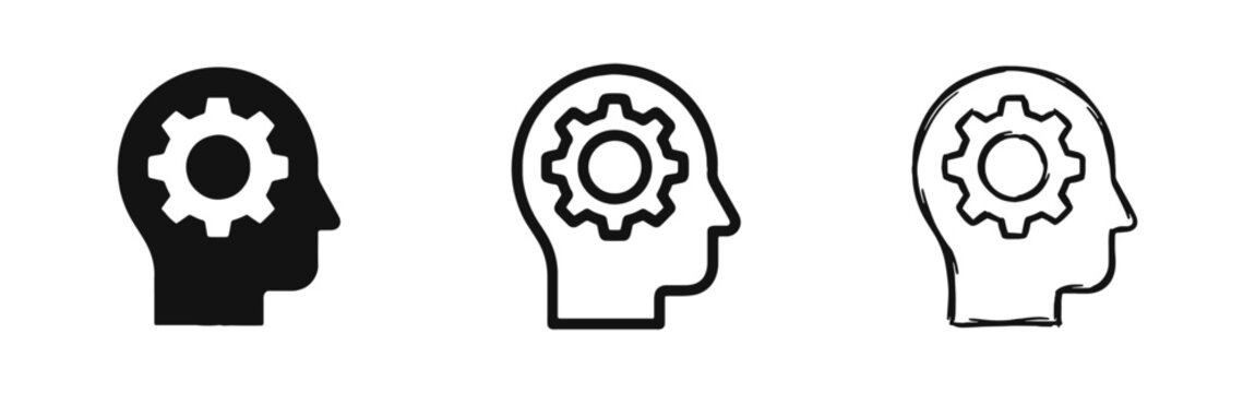 Human Head with Gear Icons Set, Critical Thinking and Mental Process Concept, AI and Engineering Illustration