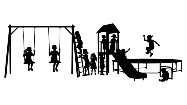 Black silhouette playground, kids playset, swing set, slide, vector illustration