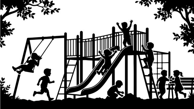 Black silhouette playground, kids playing on swings and slide, vector illustration, children's park scene, outdoor playset