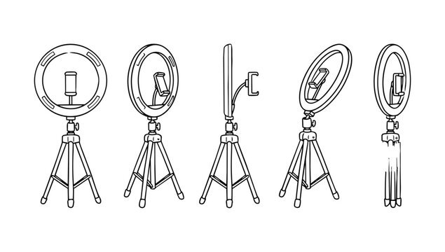 Minimalist continuous black line art vector illustration of modern ring lights on adjustable tripods with smartphone holders for social media content creation and vlogging isolated on white background
