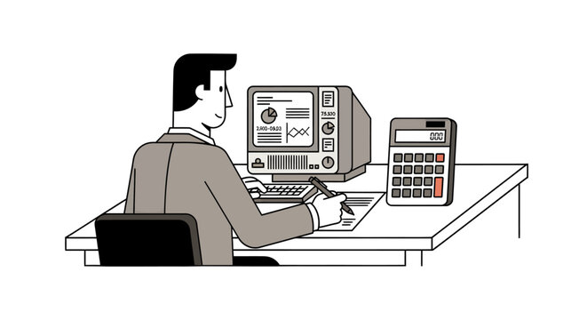 A man in a suit jacket sits at a desk, working on an old computer and writing on paper with a calculator nearby.