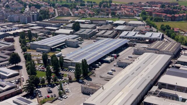 Aerial view of an industrial development zone in Milan, Italy.