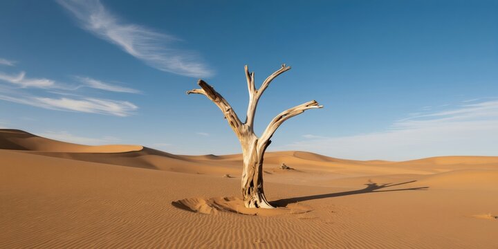 Lone dead tree stands starkly in vast desert landscape under clear blue sky with wispy clouds. Sand dunes stretch to horizon, shaped by wind and time, showing harsh beauty of arid environment.