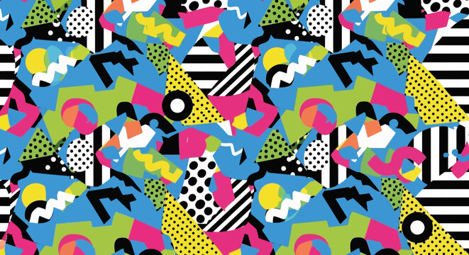 Retro Memphis Style Pattern: Abstract Shapes, Bold Colors, 80s Design