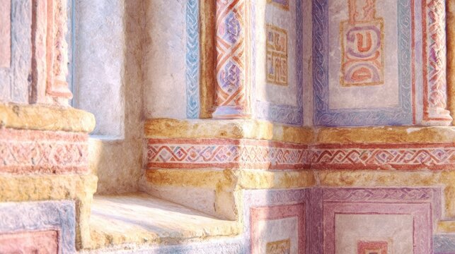 Ancient Architectural Fresco: An elegant and detailed fresco of an antique structure reveals the essence of ancient art and craftsmanship, with aged textures and faded hues.
