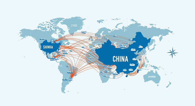 Global Trade Routes Map: China and USA connections, shipping lines
