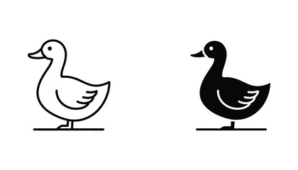 Fototapeta premium Duck bird icon set featuring cute animal silhouette and outline styles for farm or nature wildlife projects and educational content isolated on white background with shadow effect vector graphic