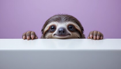 Fototapeta premium Adorable Sloth Peeking Over a White Surface Against a Solid Purple Background, Close-Up Portrait, Studio Shot