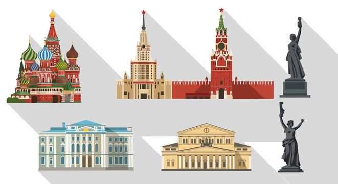 Moscow landmarks icons, Flat design, Travel illustration, Kremlin, St Basil's Cathedral