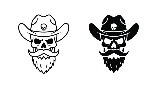 Skull wearing cowboy hat with beard and mustache icon in outline and solid black styles for western and biker aesthetic designs
