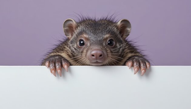 Bushy-tailed Olingo with Long Claws Leaning Over a Blank White Sign on Pale Purple Background, Close-up Studio Shot