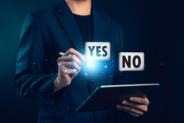 Fototapeta premium Business professional using digital tablet with yes and no options for online survey, customer feedback, decision making, voting system and interactive business technology concept