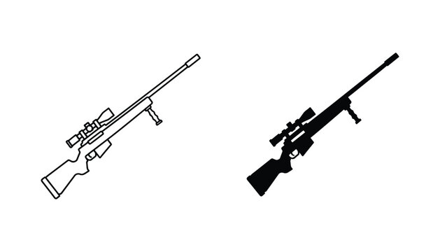 Sniper rifle with scope and bipod vector icon set