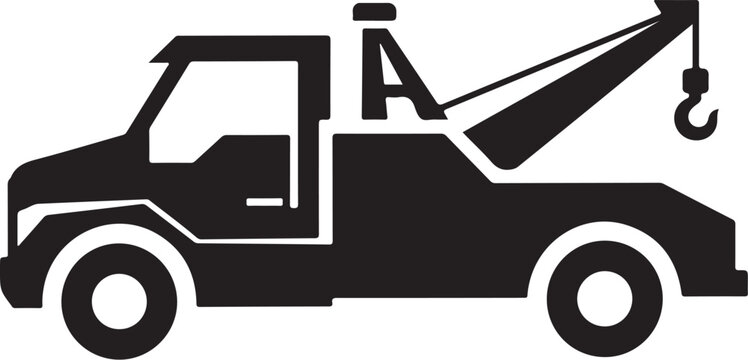 Tow truck, vehicle recovery, hook lift, black icon, flat design, transportation symbol