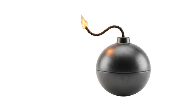 3d metallic bomb with lit fuse isolated on white background, danger and urgency concept