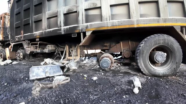 A burnt-out truck sits on the highway with blackened tires and scattered debris around it. The area shows signs of a fire. The video captures the remains clearly and closely.