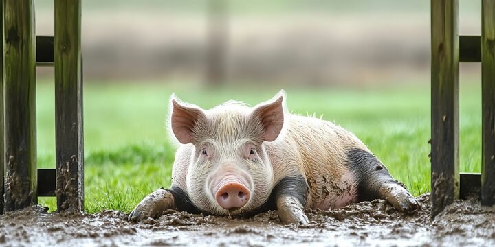 Adorable Muddy Piglet Enjoying a Relaxing Mud Bath on a Sunny Day at the Quaint Farmyard Fence