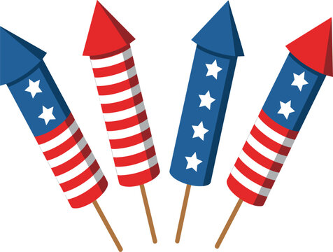 Patriotic 4th of July firework rockets vector illustration, American flag stars and stripes design for Independence Day celebration