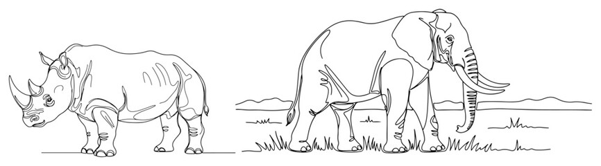 Minimalist continuous line drawing of elephant and rhinoceros walking side by side © Alicja
