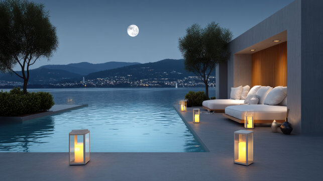 Modern luxury poolside lounge with candle lanterns, moonlit sky, serene water, mountain view, and cozy outdoor seating at night