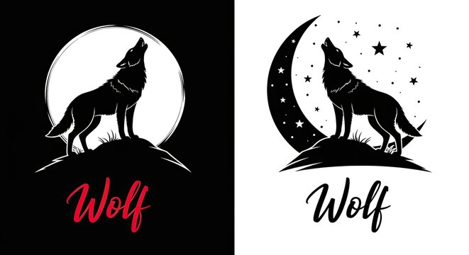 Wolf silhouette howling at moon graphic designs