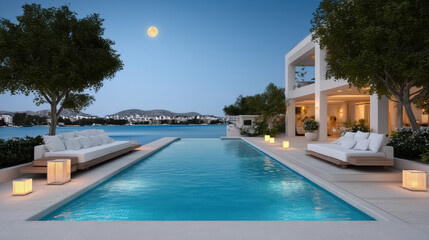 Fototapeta premium Luxury modern villa poolside at night with glowing lanterns, serene water, outdoor lounge, trees, and moonlit sky, tranquil atmosphere
