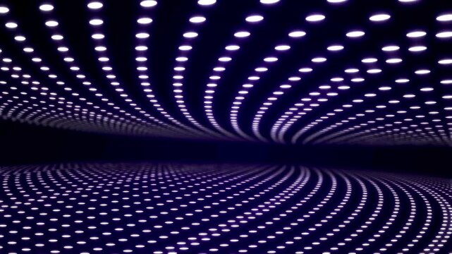 Purple dot matrix tunnel moving inward with a curved perspective in a seamless motion loop.