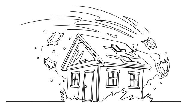 Continuous line drawing of house roof damaged by strong hurricane wind