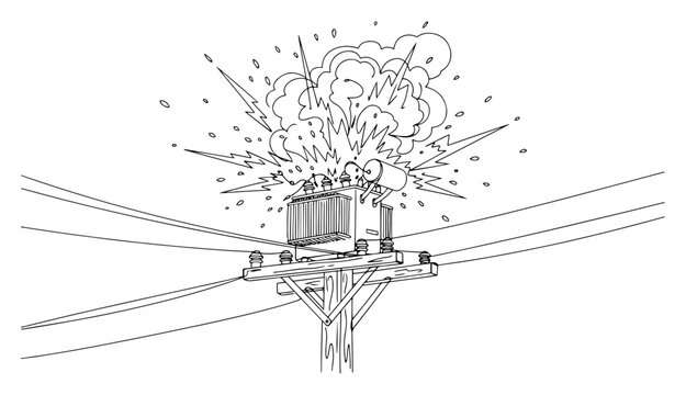 One line drawing of electric transformer exploding on utility pole