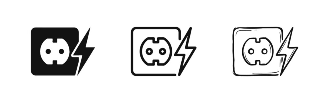 Electrical Socket Outlet Icon Set with Power Lightning Bolt in Solid, Outline, and Hand-Drawn Styles