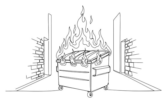 Minimalist line art illustration of a dumpster fire burning in a city alleyway
