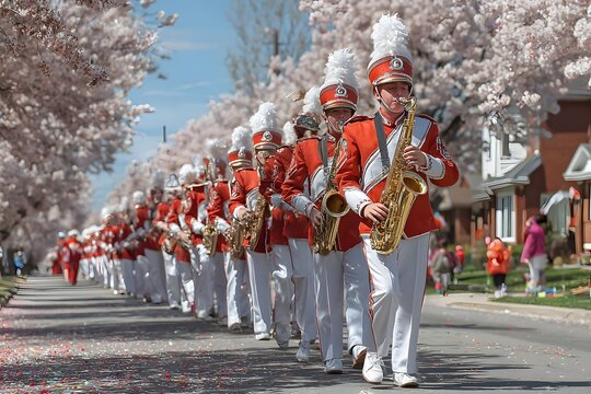 Holiday parade marching band in brilliant red and white uniforms plays lively brass and drums.