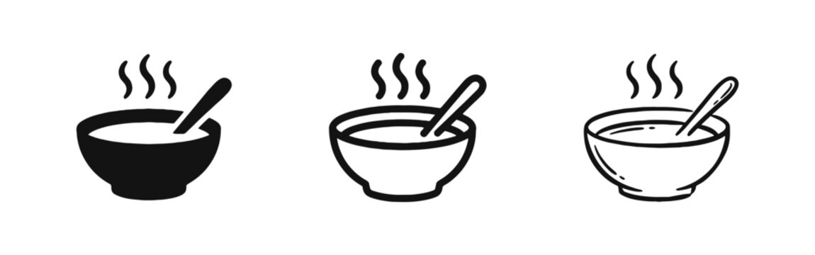 Hot Soup Bowl Meal Icons Collection in Minimalist Solid Outline and Hand-Drawn Styles