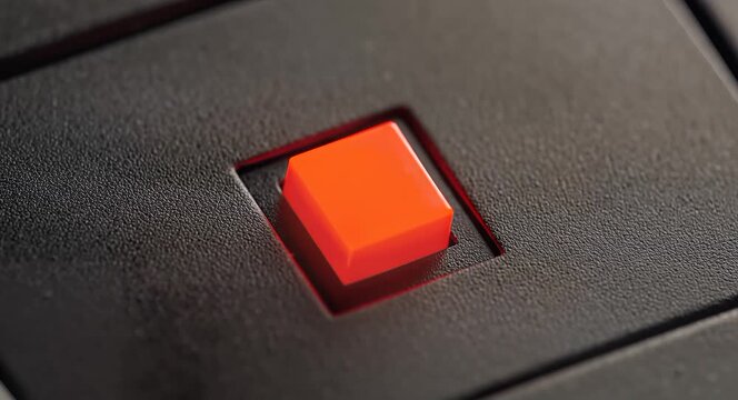 Close-up of bright orange gaming micro switch button on black keyboard