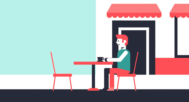 Man sitting at cafe table with coffee, minimalist illustration