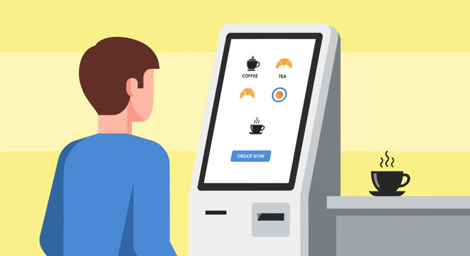 Man ordering coffee at self-service kiosk