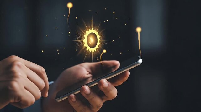 Hands touching smartphone screen with glowing hand cursor digital interaction and futuristic