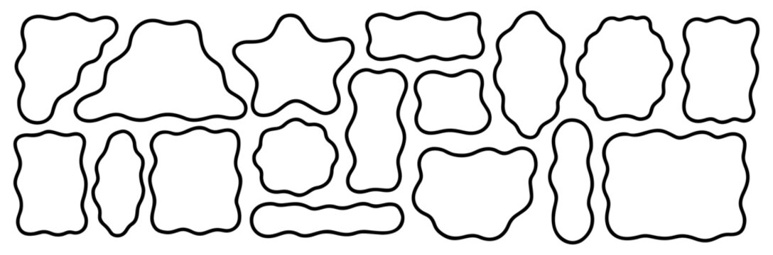 Wavy Organic Rectangle Text Box Set. Wiggly abstract frames and shapes for text content. Smooth organic borders with flowing edges. Curvy Star, Triangle and Oval Forms for Promo, Price Label, Badge